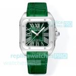 Swiss Replica Cartier Santos Green Face 100th Anniversary Ladies Watch Green Leather Strap 